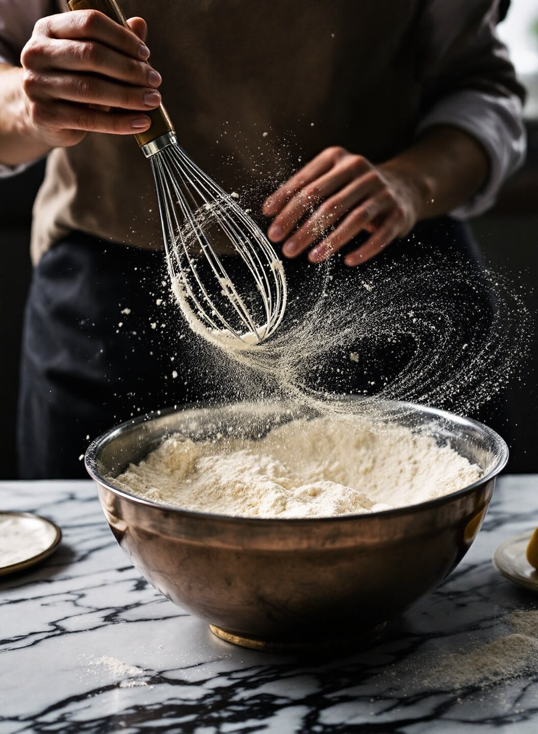 Person whisking dry ingredients in a vintage copper bowl on a marbled countertop, with flour dust particles dancing in the morning light and the whisk creating spiral patterns.