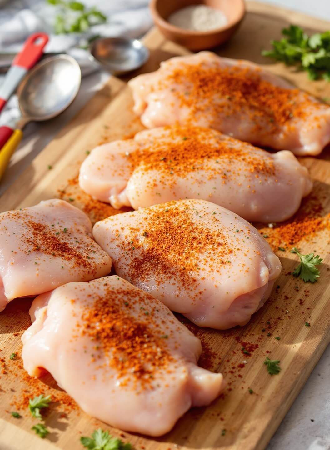 Raw chicken breasts seasoned with Italian herbs and paprika on a wooden board with fresh herbs and measuring spoons, in natural lighting