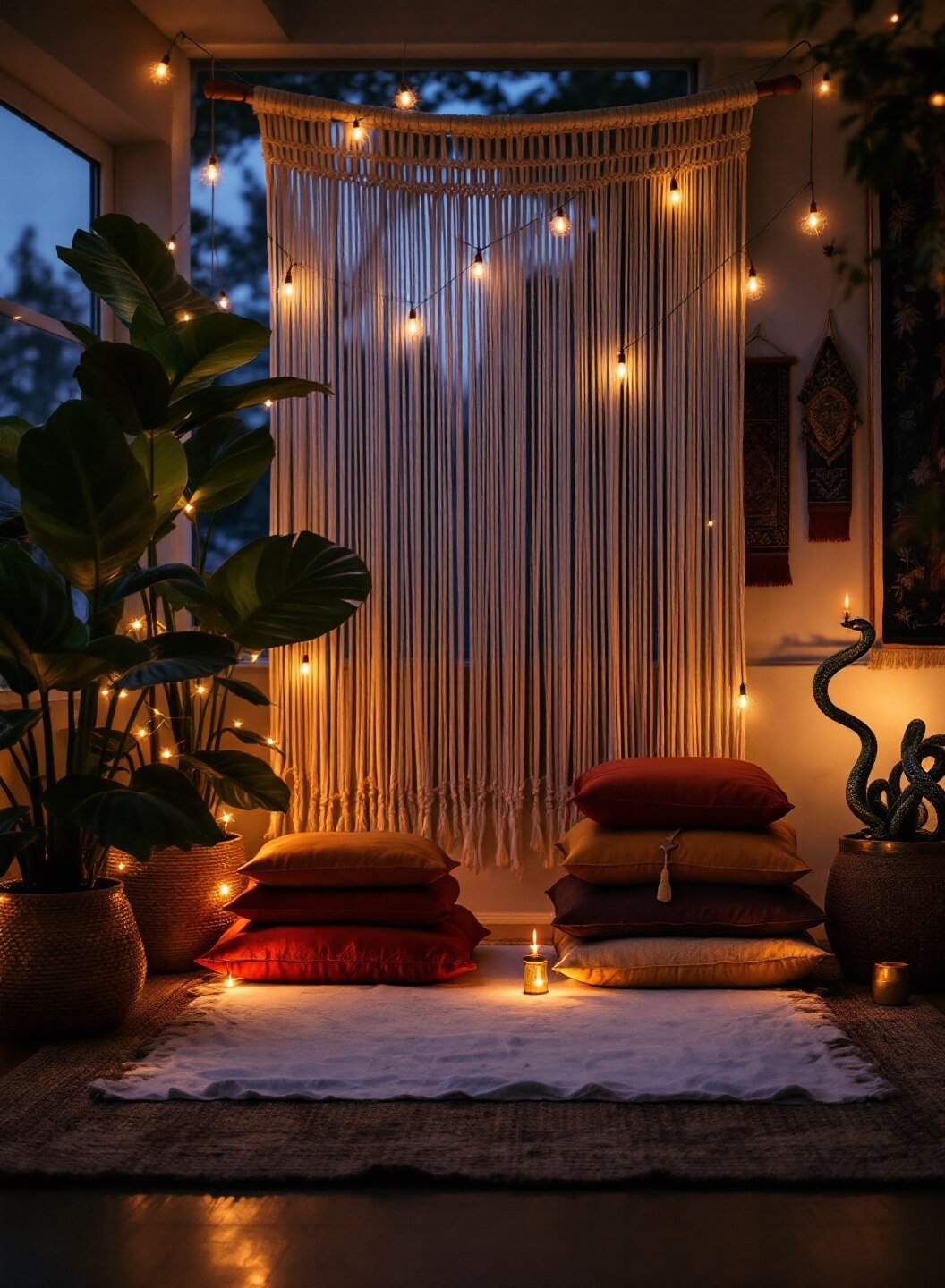 Meditation corner with string lights, macramé backdrop, jewel-toned floor cushions, brass incense holders, vintage tapestries, and potted snake plants during blue hour