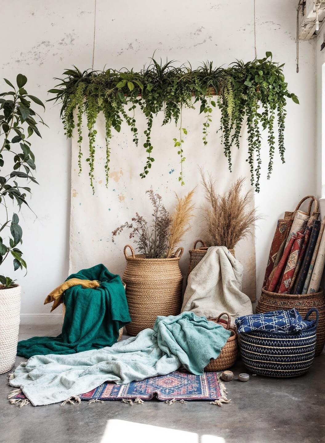 Artist's studio with whitewashed walls, concrete floors, paint-splattered drop cloths and vintage rugs. Features hanging garden divider and woven baskets filled with vivid textiles, lit dramatically from the side.