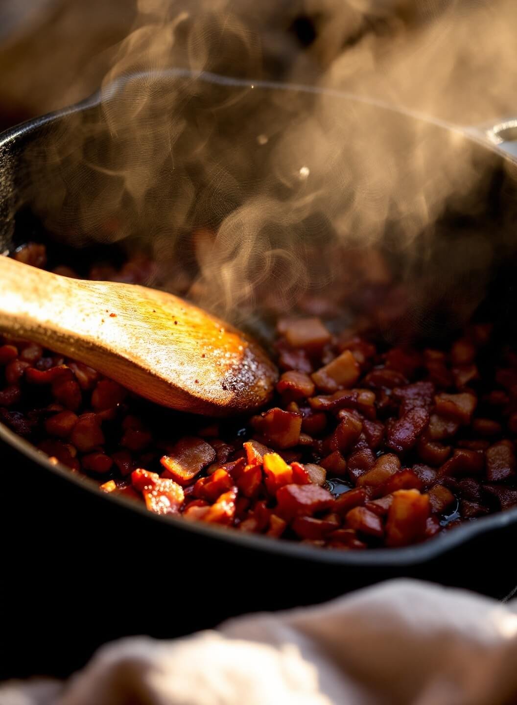 Sizzling bacon in a cast-iron Dutch oven with morning sunlight in the kitchen, steam rising and wooden spoon resting on the pot's edge