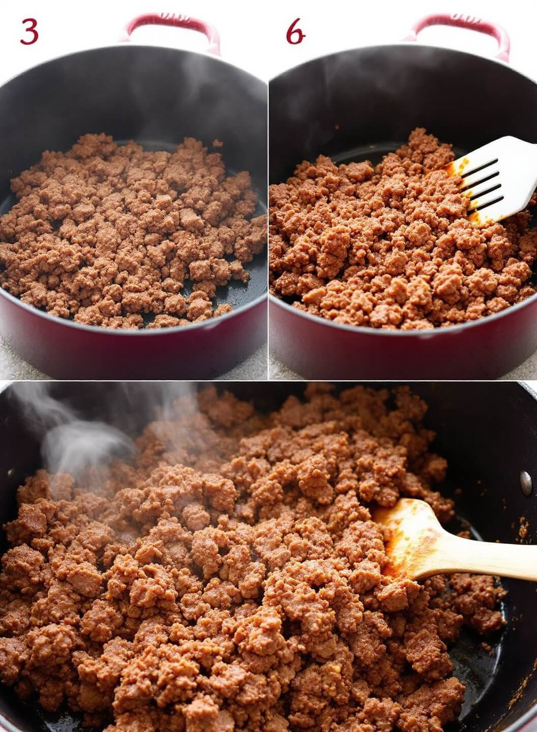 Browning ground beef in dark enameled pot with spatula, steam rising