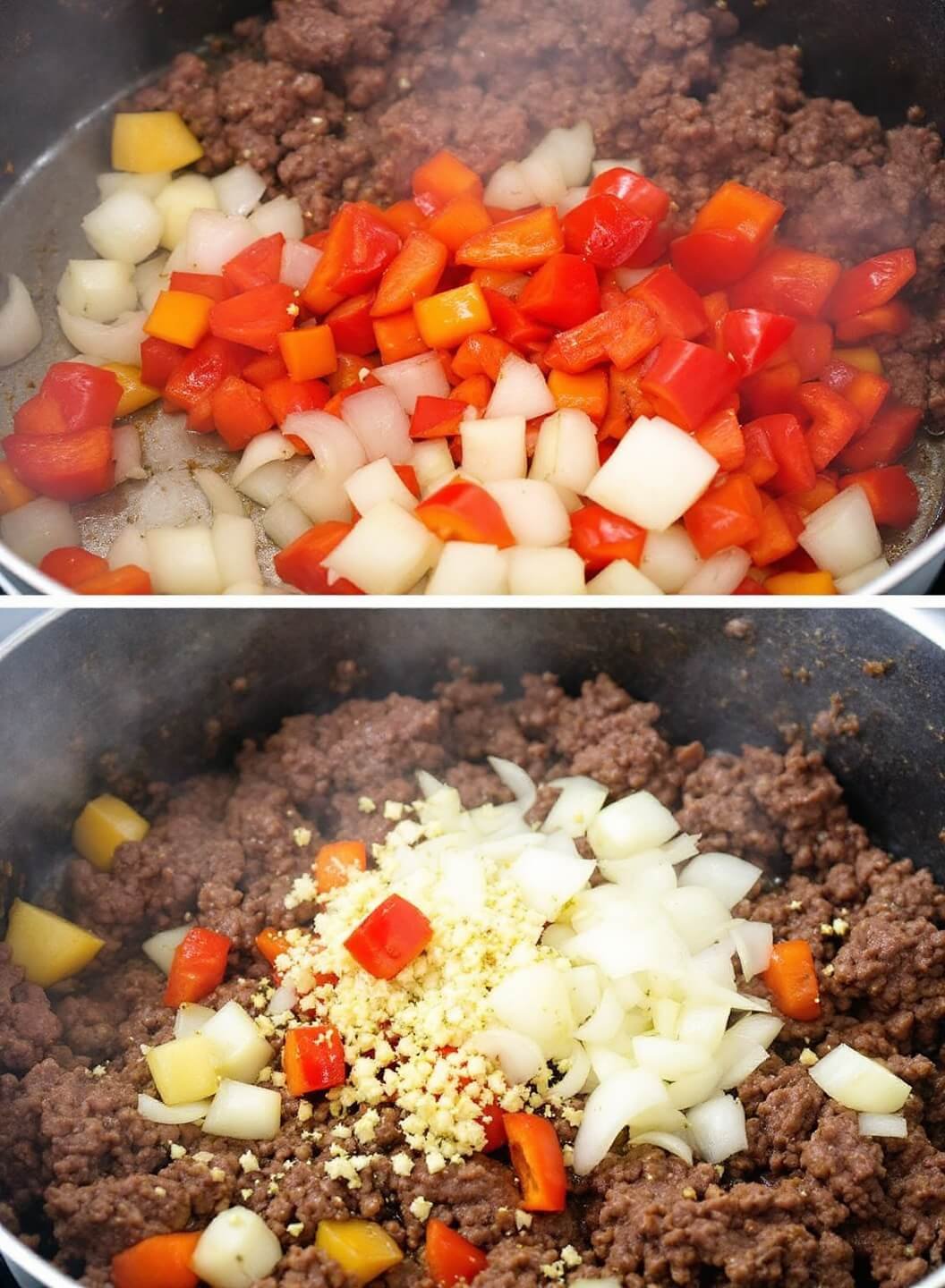 Diced red peppers, onions, and minced garlic sauteing with browned beef