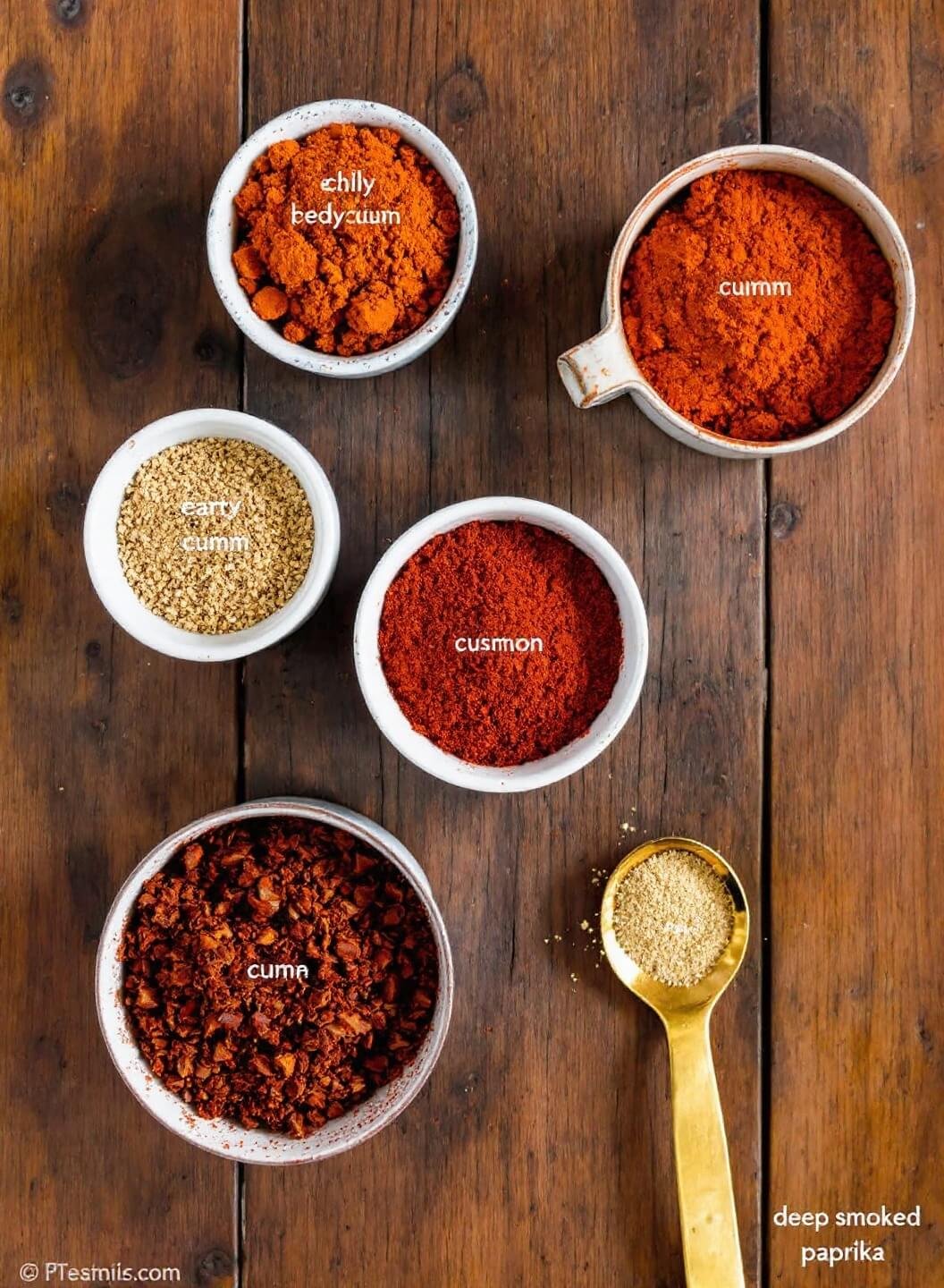 Overhead shot of spices in small ceramic bowls arranged in a circle on a rustic wooden table