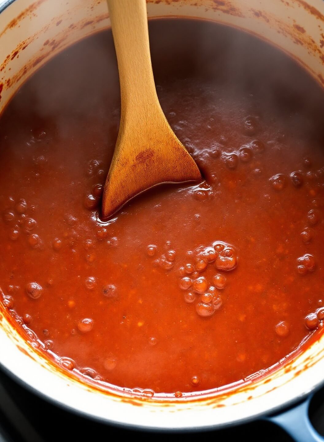 Thick chili simmering in a Dutch oven with a wooden spoon, bubbles breaking through the surface, and steam carrying aromatic spices