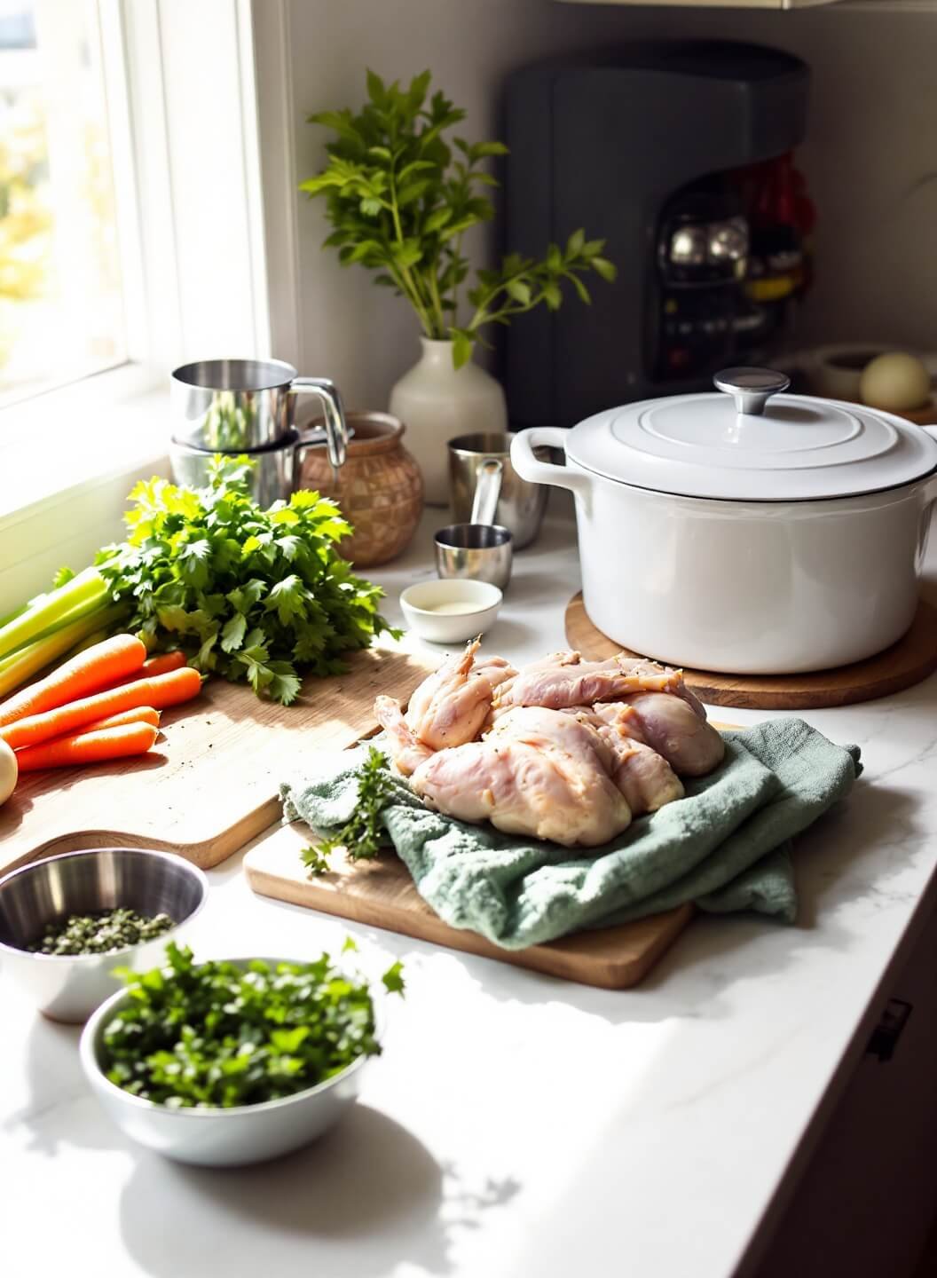 Sunlit kitchen counter with neatly arranged fresh vegetables on cutting boards, measuring cups, Dutch oven, and artfully arranged herbs and chicken in ceramic bowls