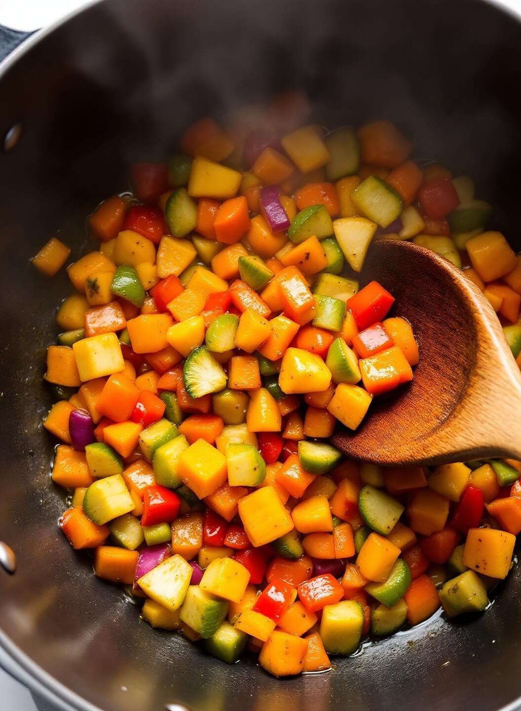 Diced vegetables sautéing in a Dutch oven with rising steam, stirred with a wooden spoon