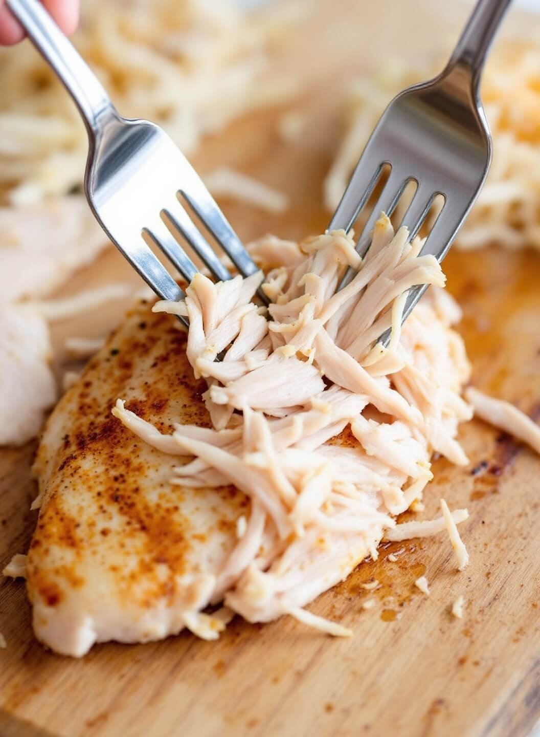 Two forks shredding juicy chicken breast on a rustic wooden cutting board under natural lighting