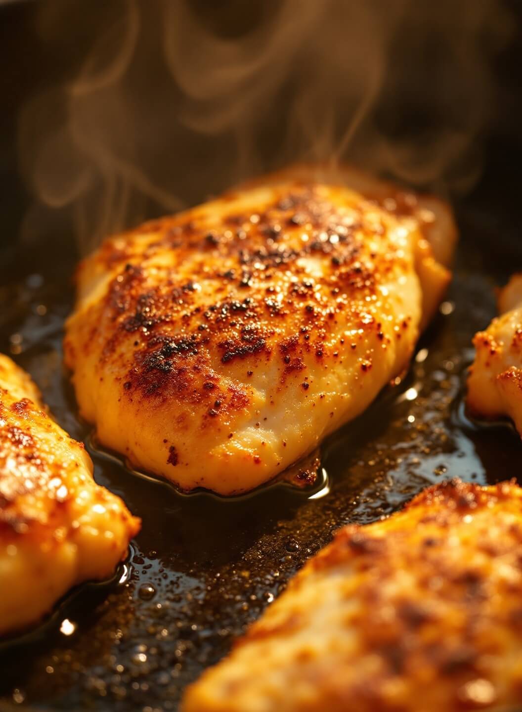 Searing chicken breasts in cast iron skillet with golden-brown crust and steam, highlighted by warm kitchen lighting