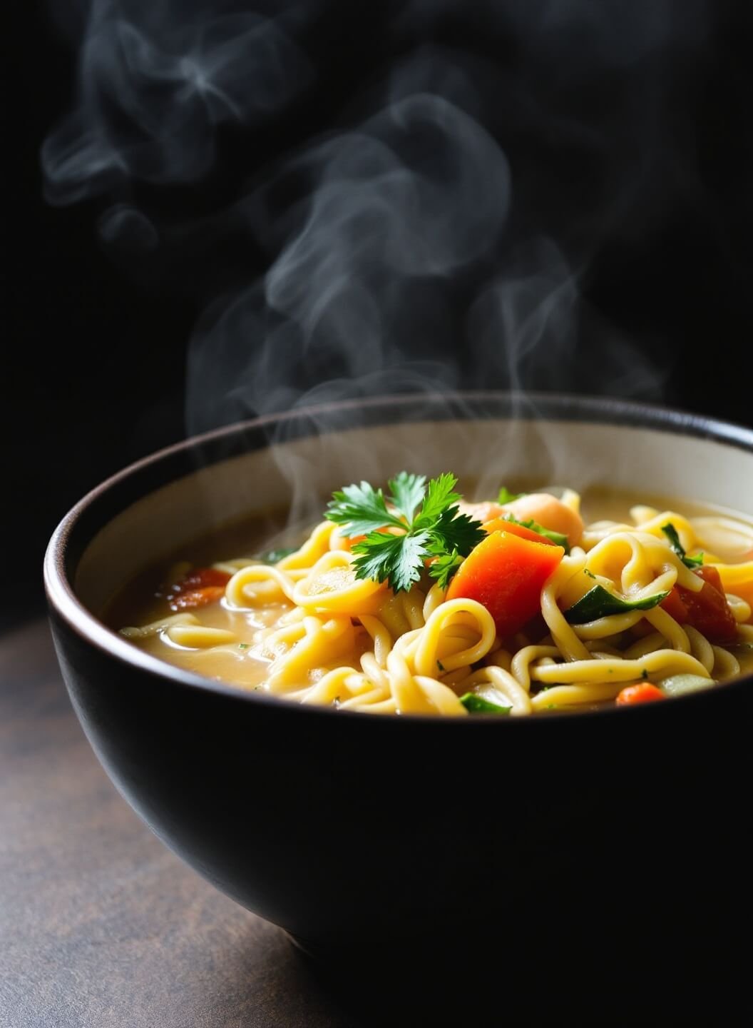 Steaming soup in a deep ceramic bowl with golden broth, egg noodles, and colorful vegetables, garnished with fresh parsley, photographed from a 45-degree angle with soft, natural lighting.