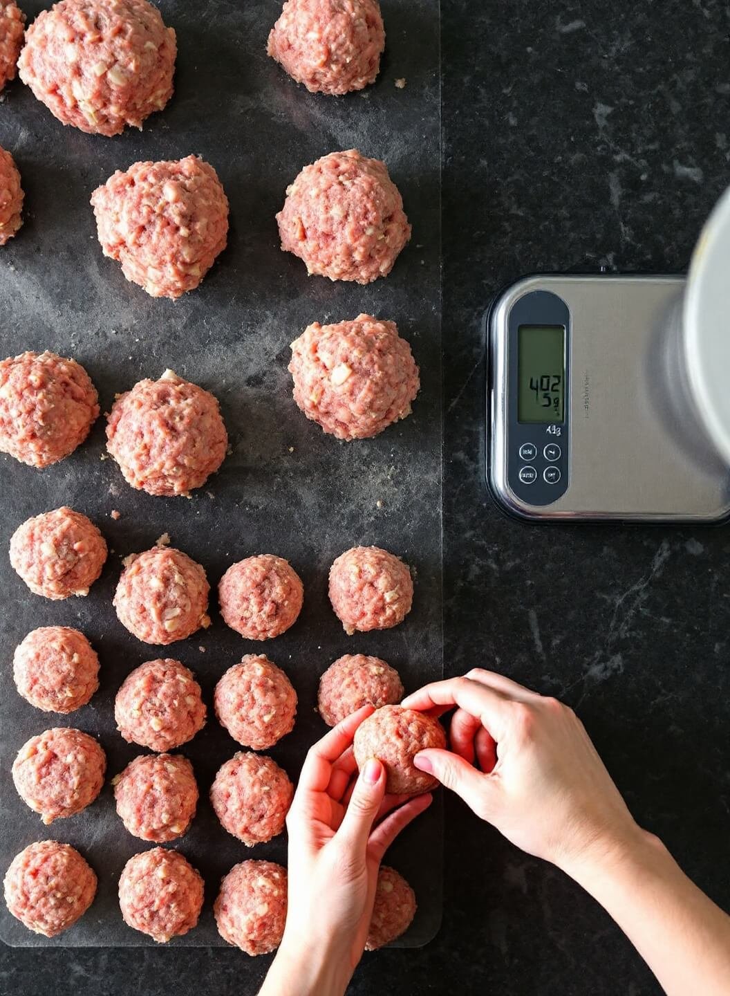 Hand rolling uniform 45g meatballs on a dark granite countertop, under soft natural light with a kitchen scale in view.