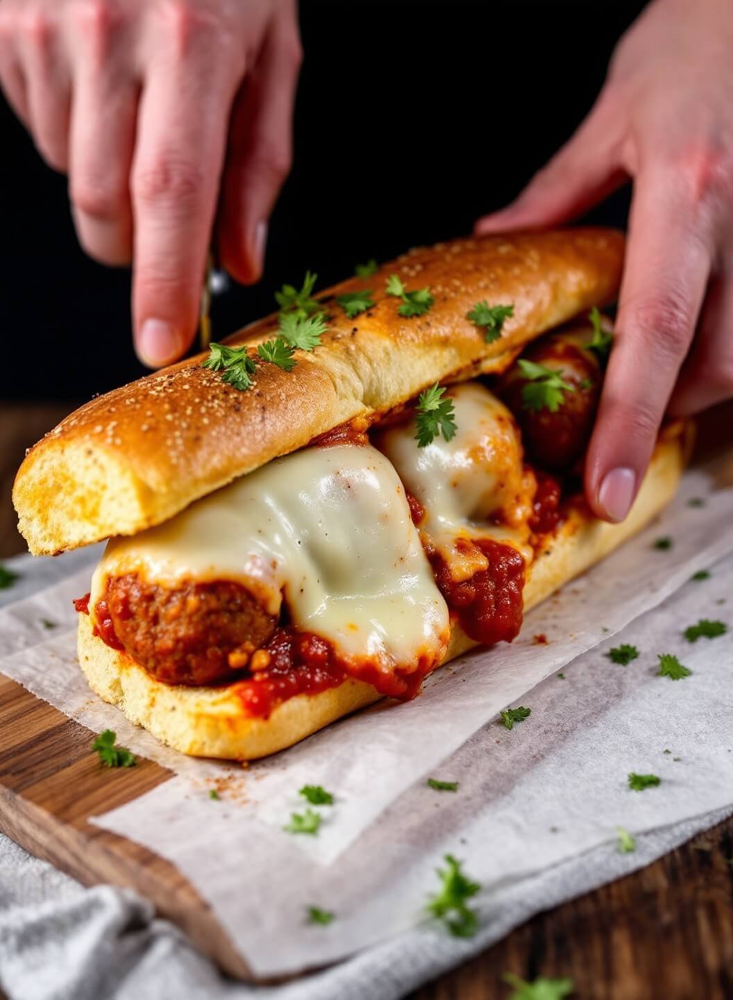 Cross-section of completed sub sandwich with melted mozzarella, meatballs, marinara sauce on toasted roll, garnished with parsley, on rustic wooden board under restaurant-style lighting.