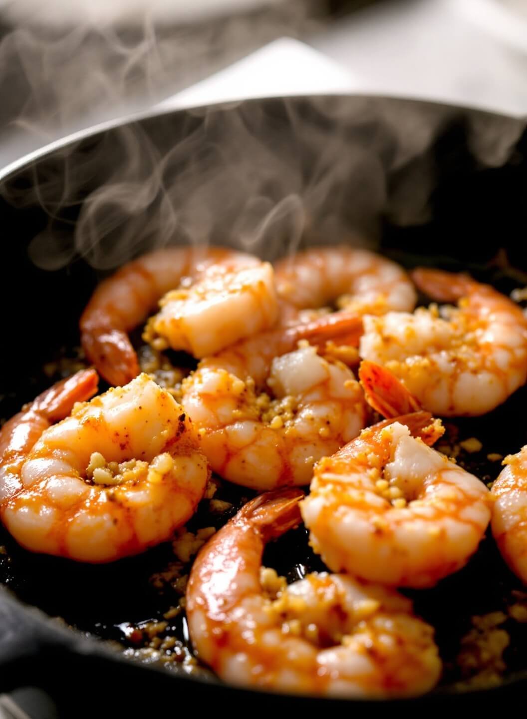 Pink shrimp sizzling and curling in a cast iron skillet with steam rising and spices caramelizing under dramatic side lighting.