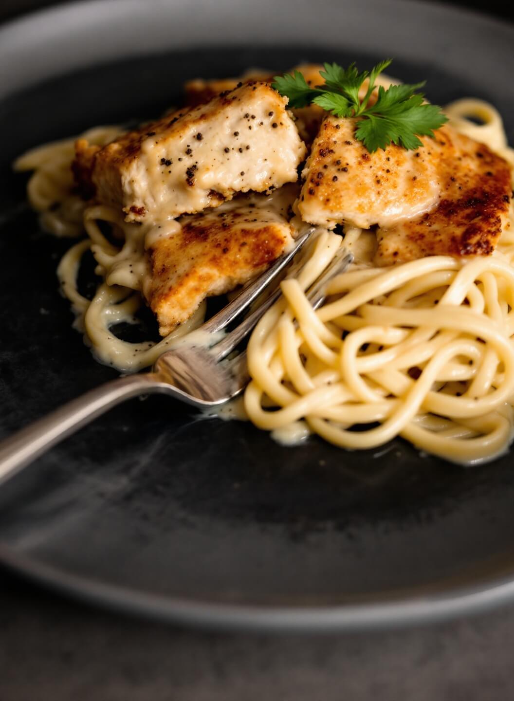 Elegant plated dish of sliced golden chicken on creamy fettuccine alfredo, garnished with fresh parsley and black pepper under professional studio lighting