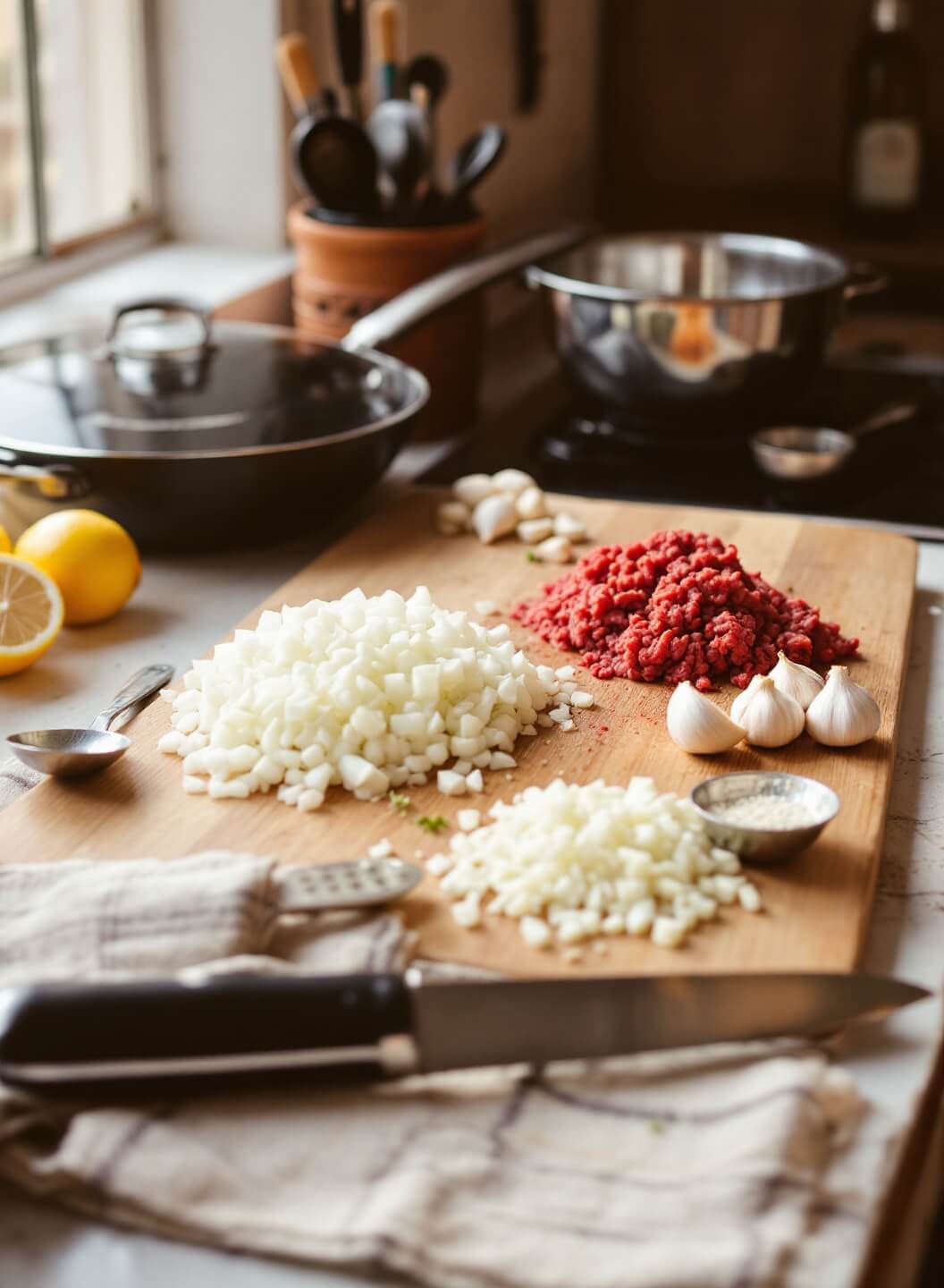 Professional kitchen setup with a wooden cutting board, skillet, and fresh ingredients for taco preparation