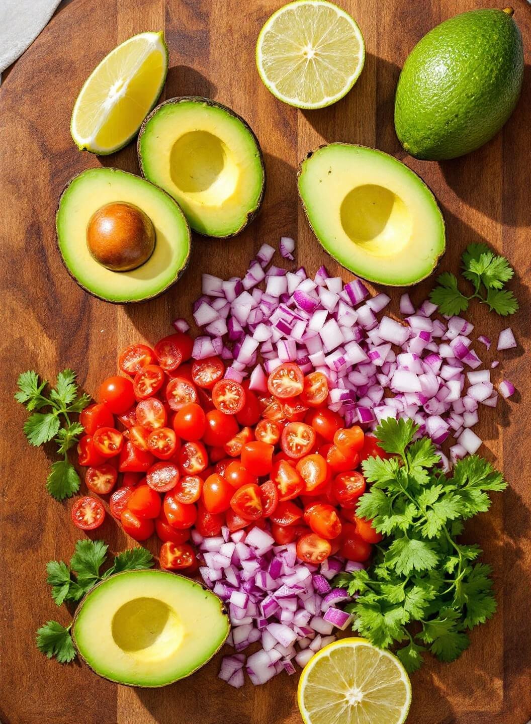 Fresh guacamole ingredients including avocados, lime, red onions, cilantro, and tomatoes on a rustic wooden cutting board