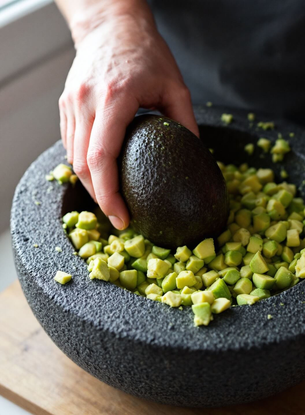 Hands mashing ripe avocados using a traditional stone molcajete under soft window light