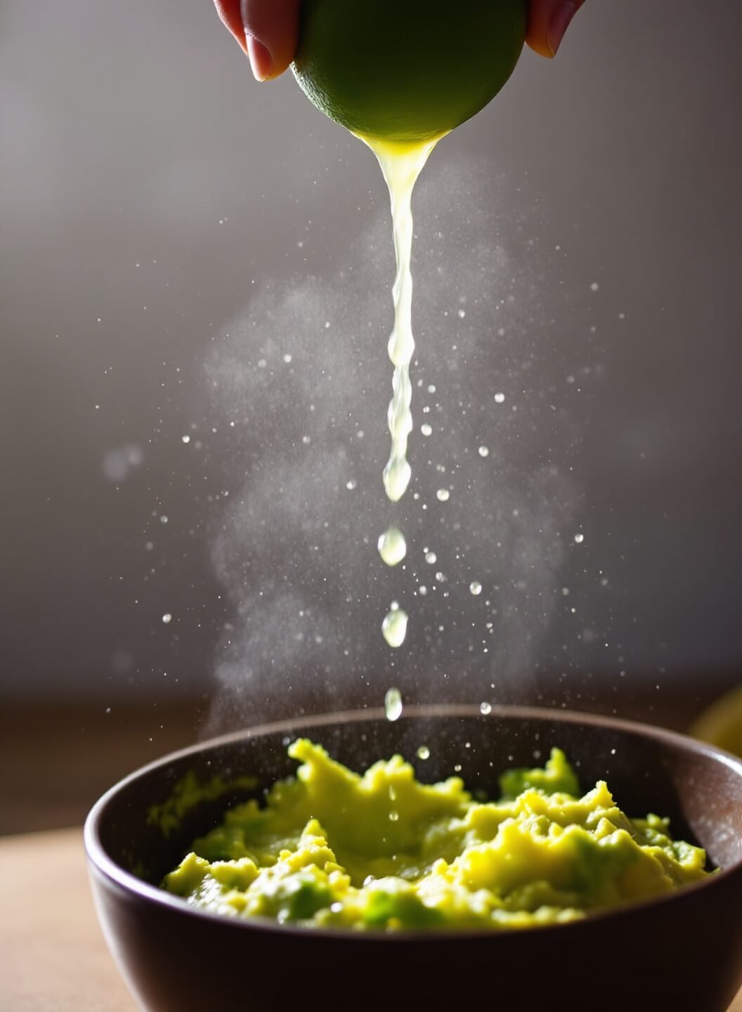 Freshly squeezed lime juice pouring into a bowl of mashed avocados in morning light