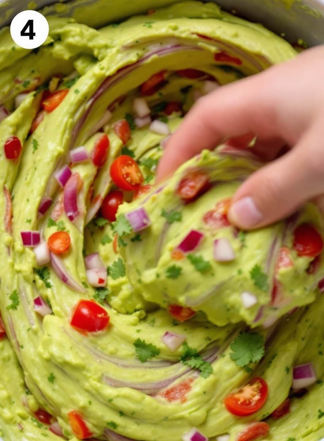 Close-up view of ingredients such as red onion, tomato, and cilantro being mixed into creamy avocado base