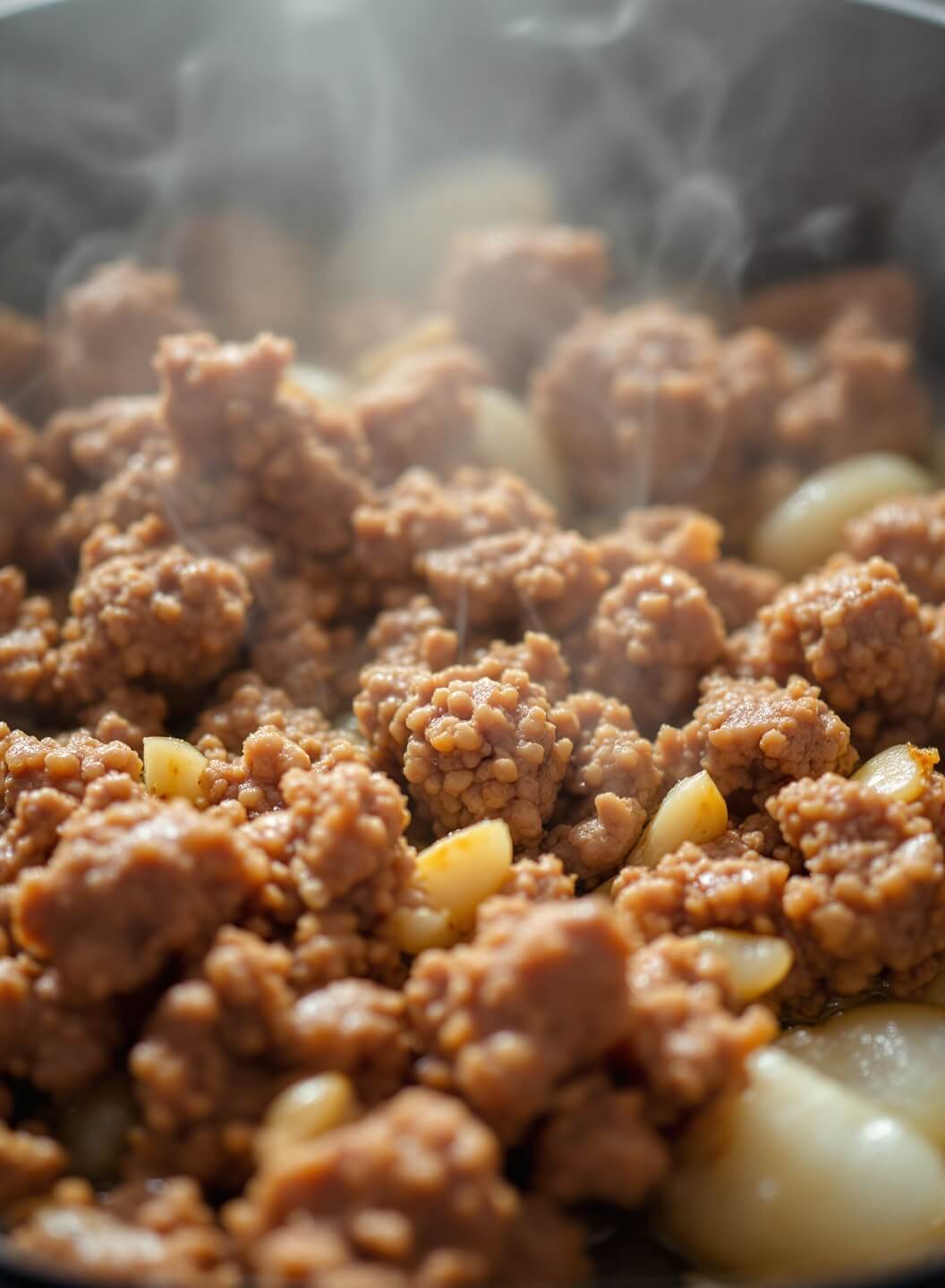 Ground beef sizzling in a cast-iron skillet with rising steam, surrounded by translucent onions and golden garlic