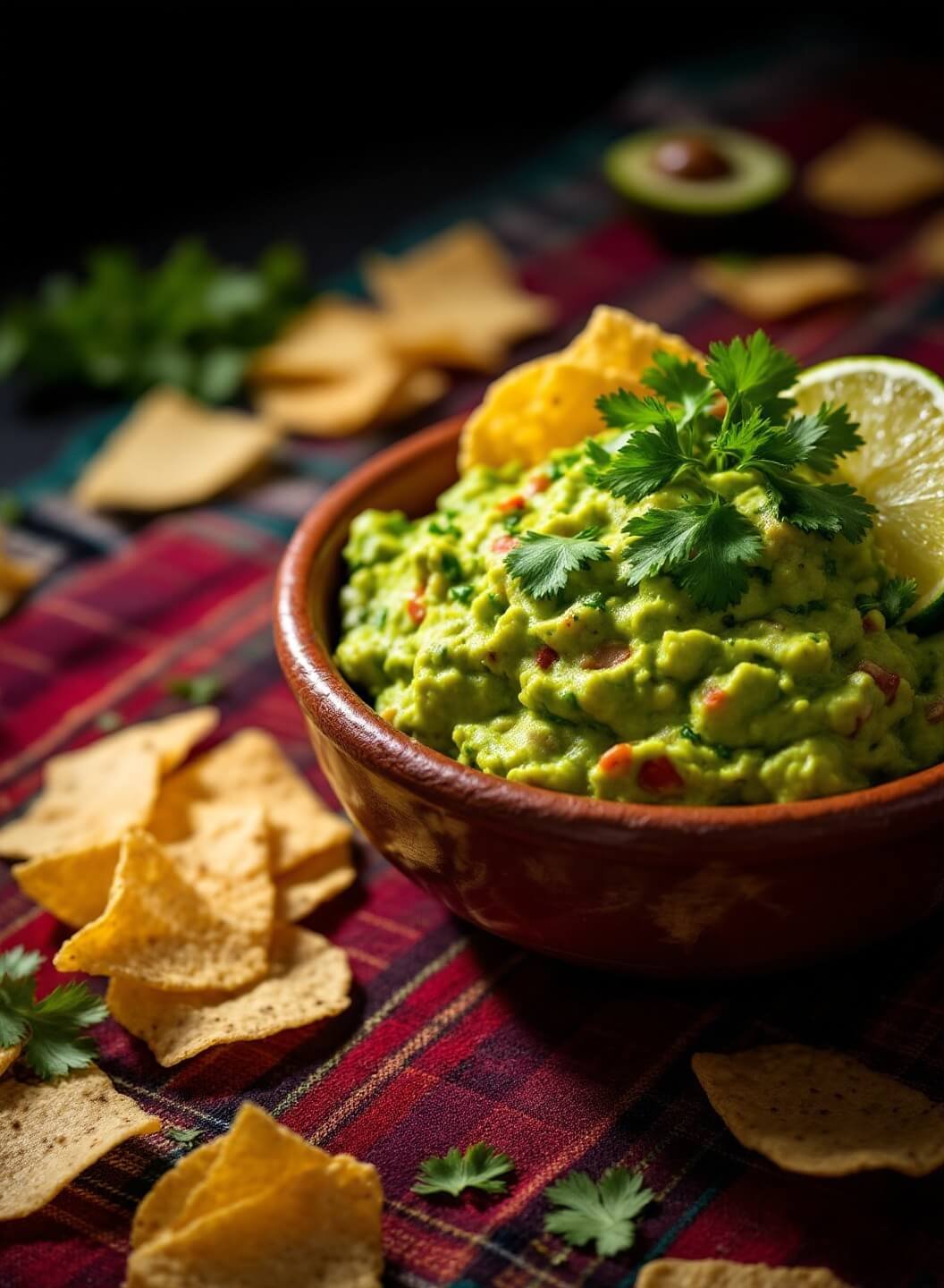 Guacamole in a traditional Mexican clay bowl garnished with cilantro and lime, surrounded by tortilla chips, on a colorful textile with dramatic lighting