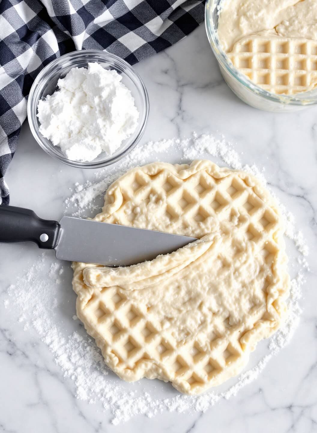 Person using a folding technique to gently incorporate soft peaks into waffle batter on a marble countertop