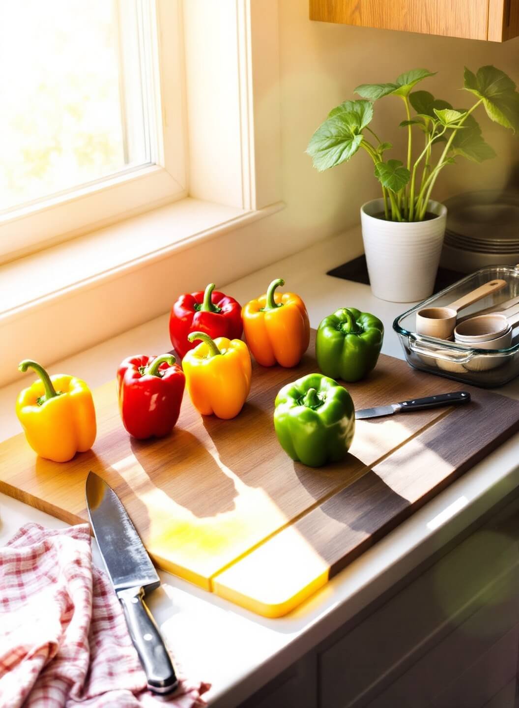 Kitchen countertop with colorful bell peppers, chef's knife, measuring cups and glass baking dish in natural light