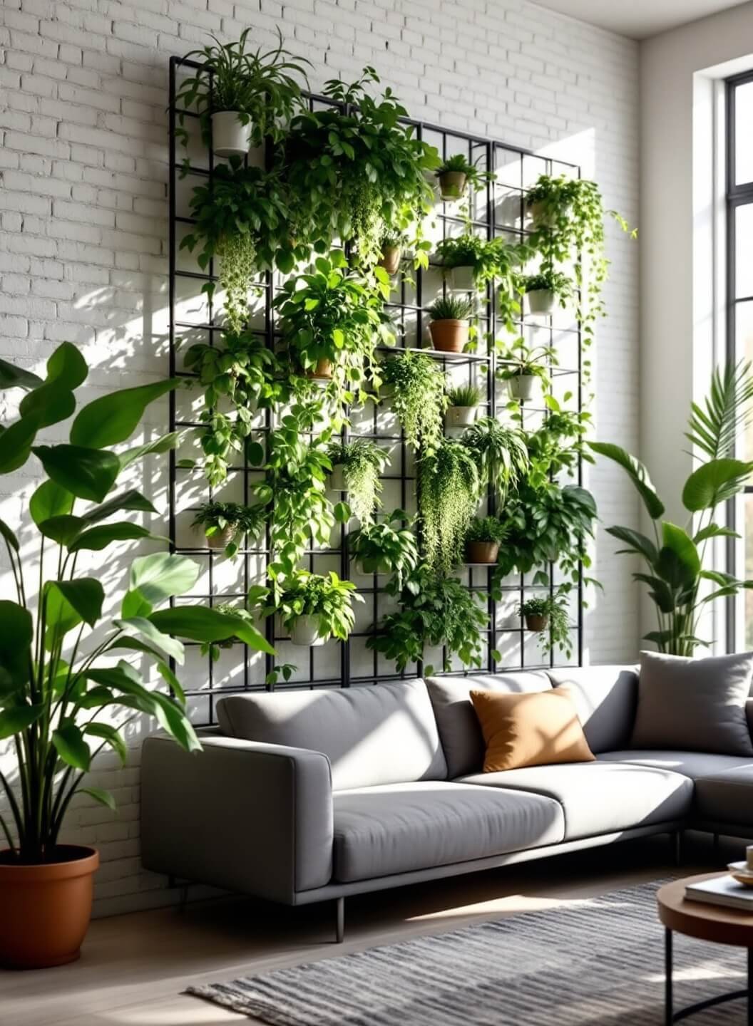 Sunlit modern living room with a vibrant living wall of pothos, spider plants, and succulents against white brick, contrasted by a minimalist gray sofa
