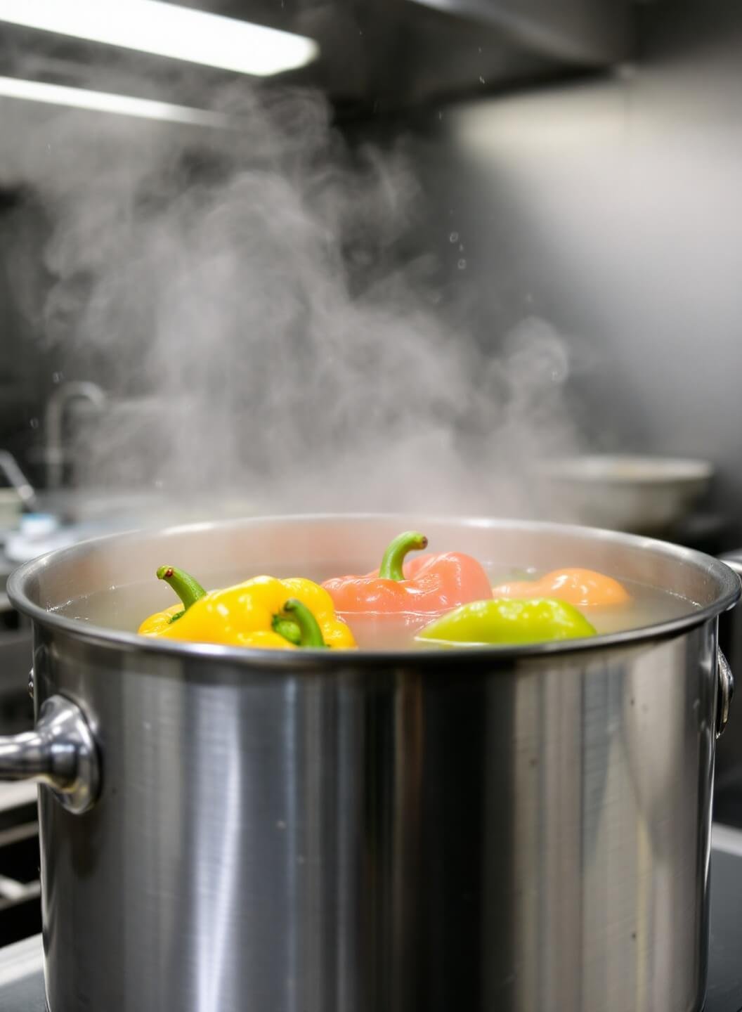 Steam rising from a large pot of boiling water with floating bell peppers in a professional kitchen