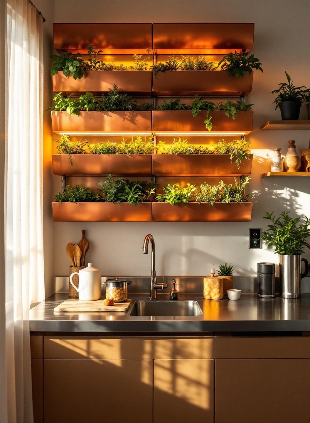 Compact urban kitchen with a living herb wall above a stainless steel countertop, warmly illuminated by afternoon light through sheer curtains and under-cabinet lighting.