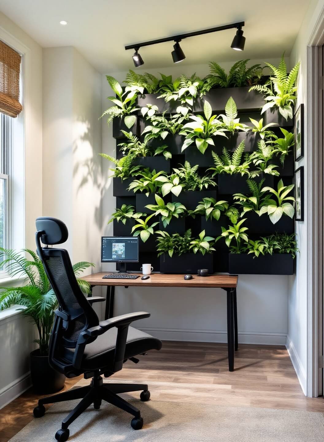 Professional home office with lush living wall of ferns and peace lilies in black vertical planters, walnut desk, ergonomic chair, and dramatic indirect lighting.