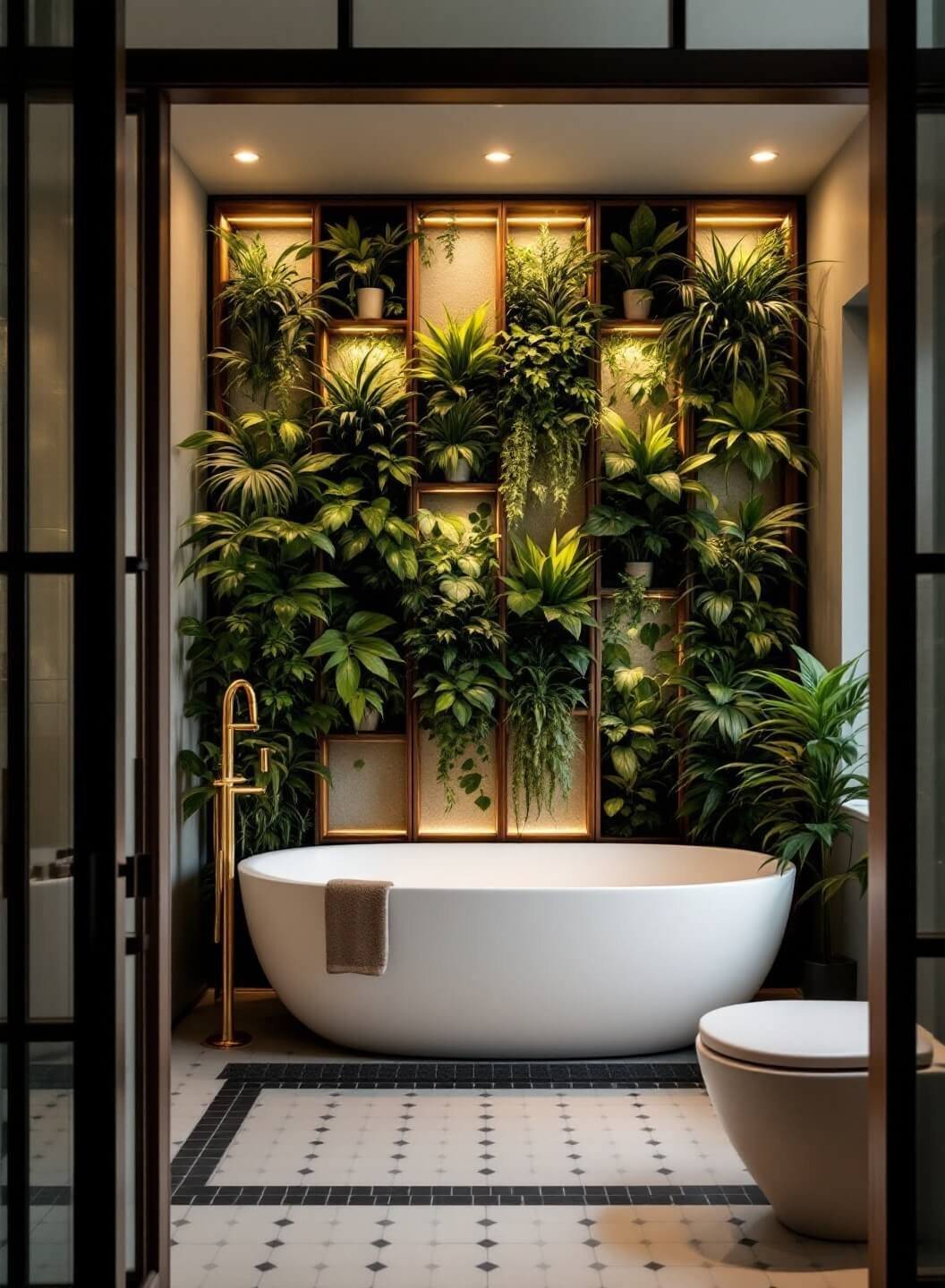 Zen-inspired bathroom with a tropical living wall behind a freestanding white tub, lit by warm LED spots in early evening