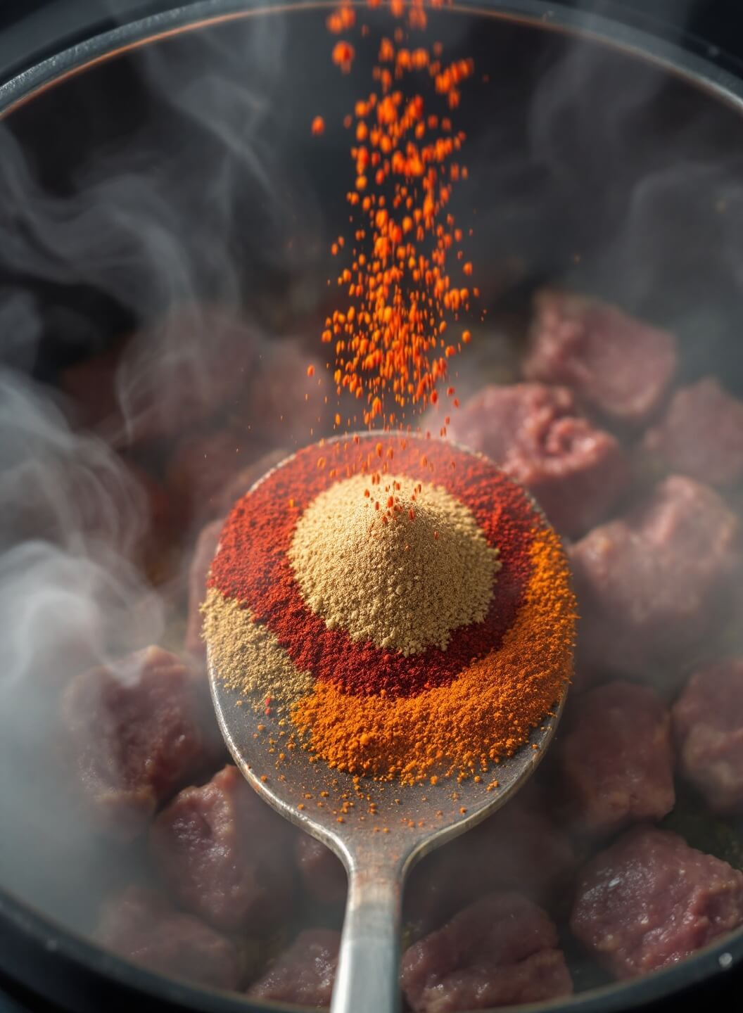 Overhead view of colorful spices, chili powder, cumin, and paprika, being added in a spiral pattern to browned meat with steam and dramatic lighting.