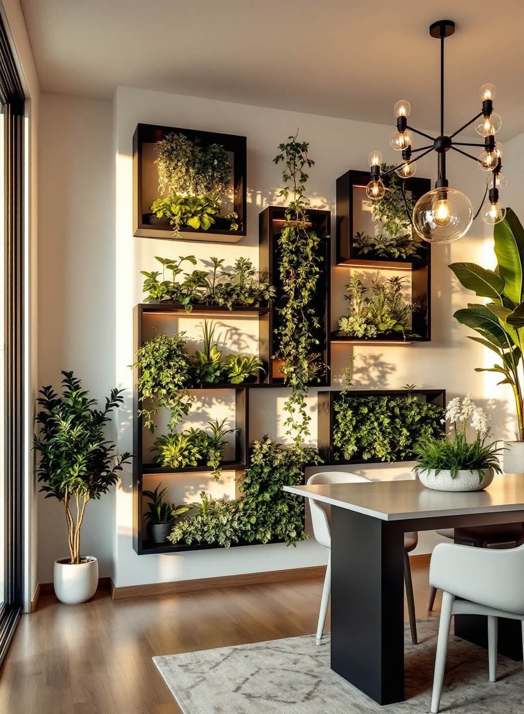 Contemporary dining room showcasing living wall art created with mixed succulents and trailing vines in steel frames, illuminated by golden hour side light, captured at a 45-degree angle