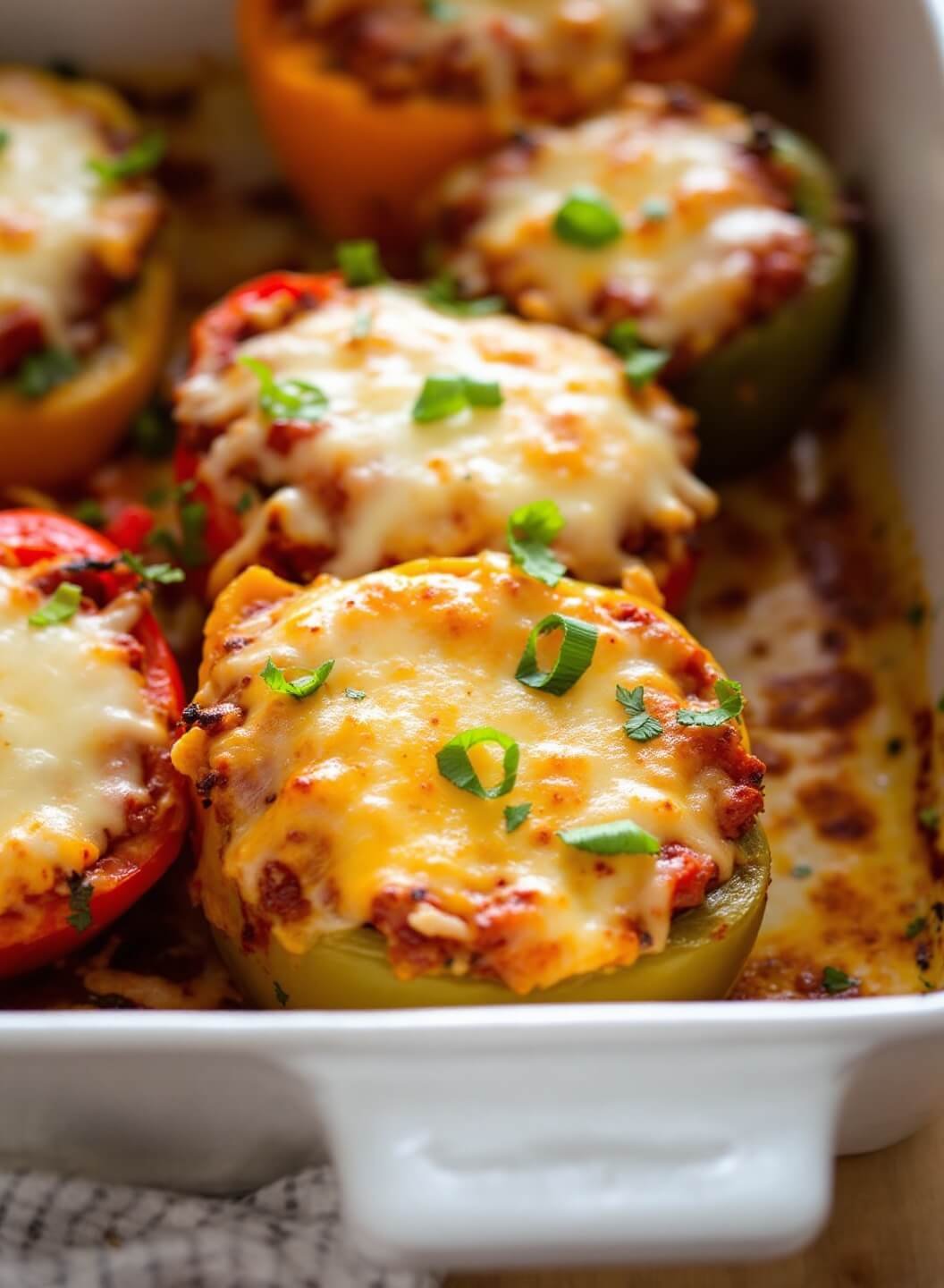 Golden-brown stuffed peppers with bubbling cheese in a baking dish, fresh out of the oven with slight char on edges, garnished with fresh herbs under warm lighting