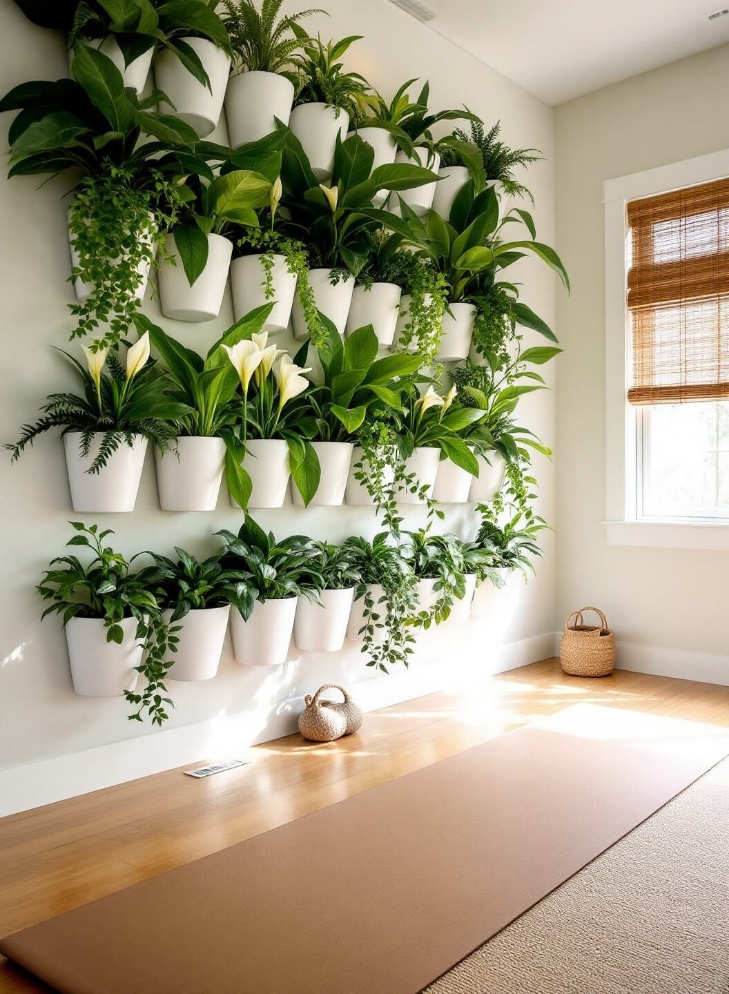 Boutique home yoga studio highlighted by a living wall of peace lilies and Boston ferns, bathed in dappled dawn light filtering through bamboo blinds