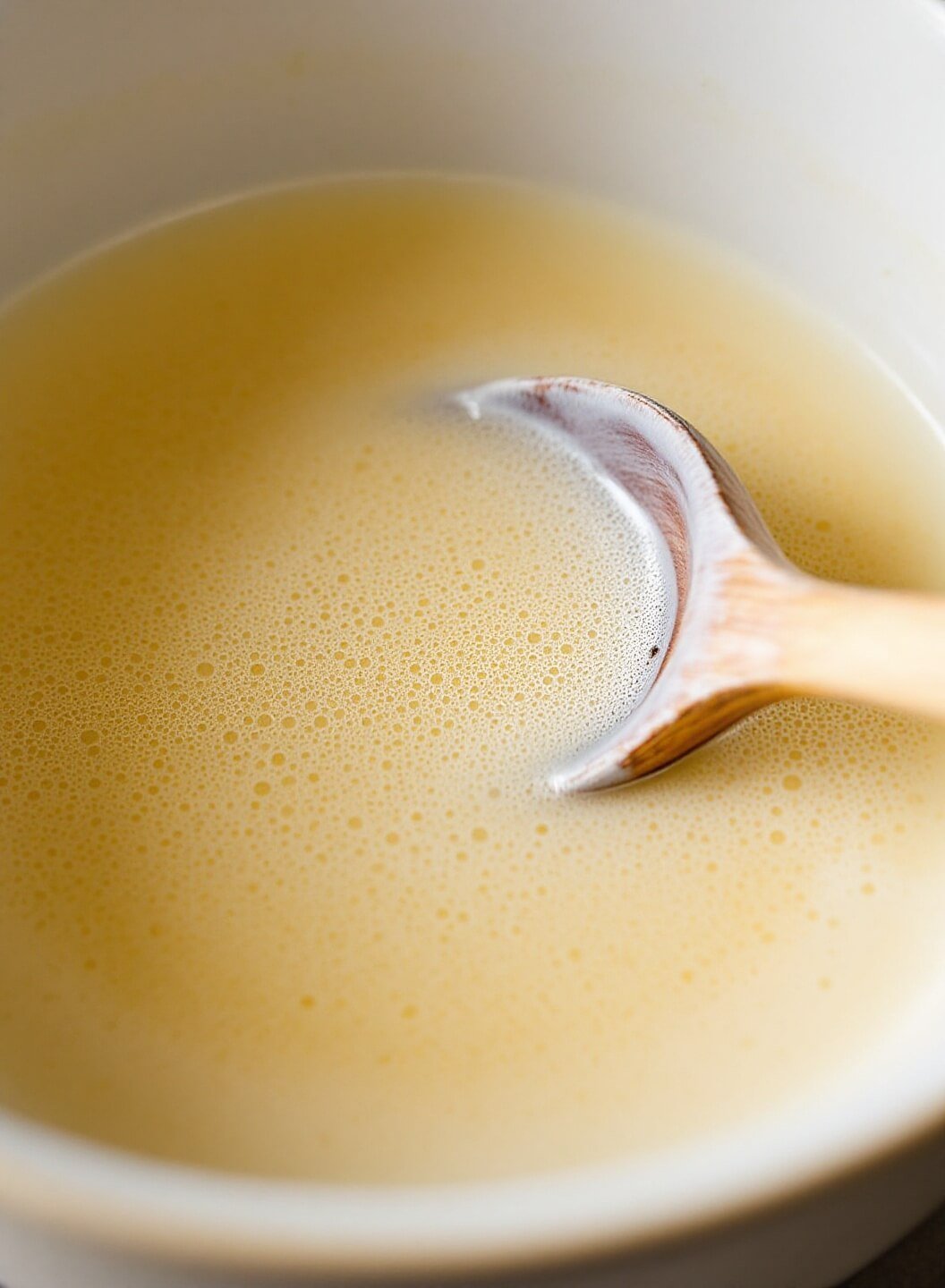 Frothy yeast mixture in a ceramic bowl with warm milk, highlighted by soft natural lighting, and a wooden spoon resting on the edge