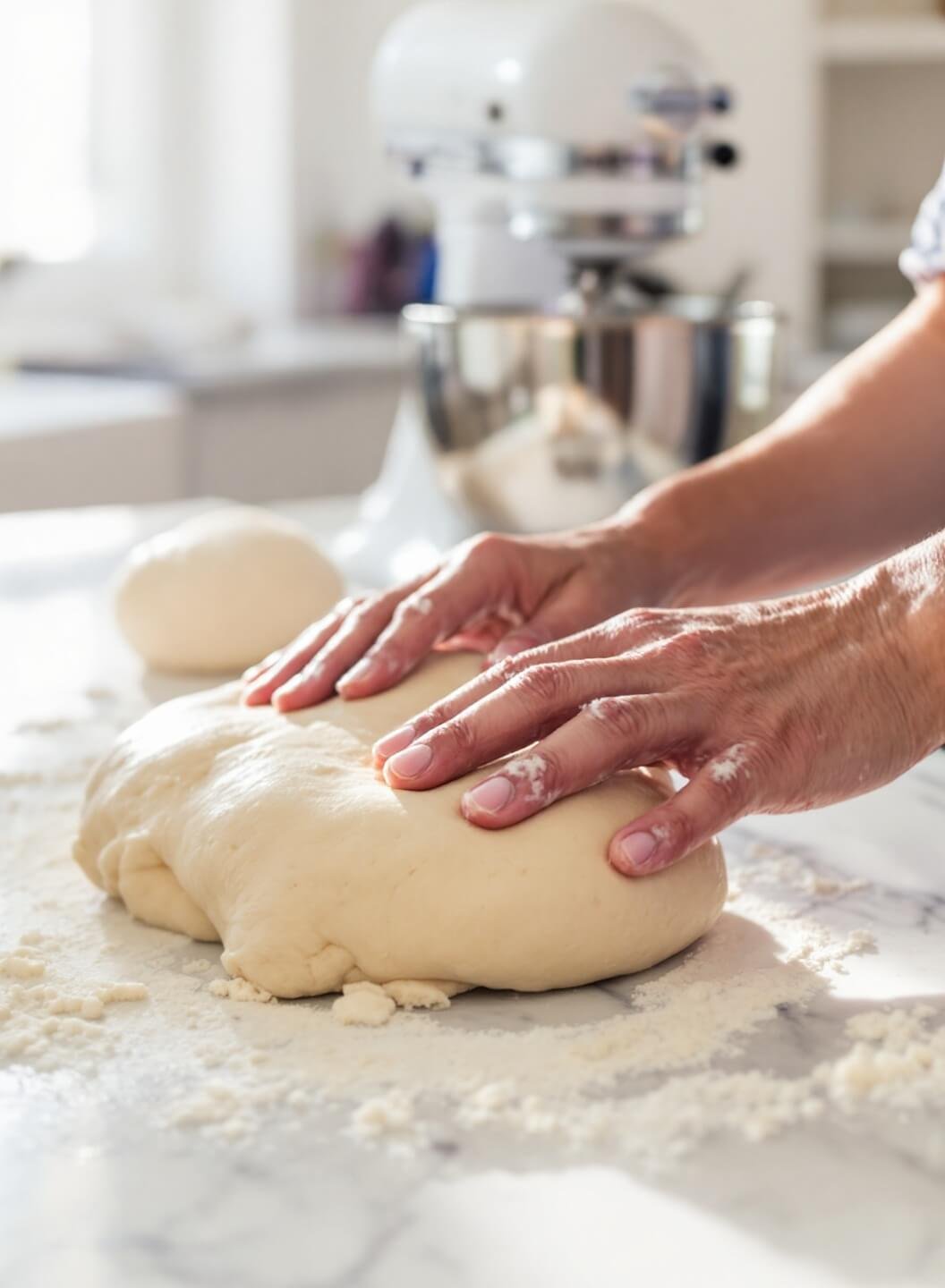 Hands kneading elastic dough on a floured marble countertop in morning light, with a stand mixer in the background