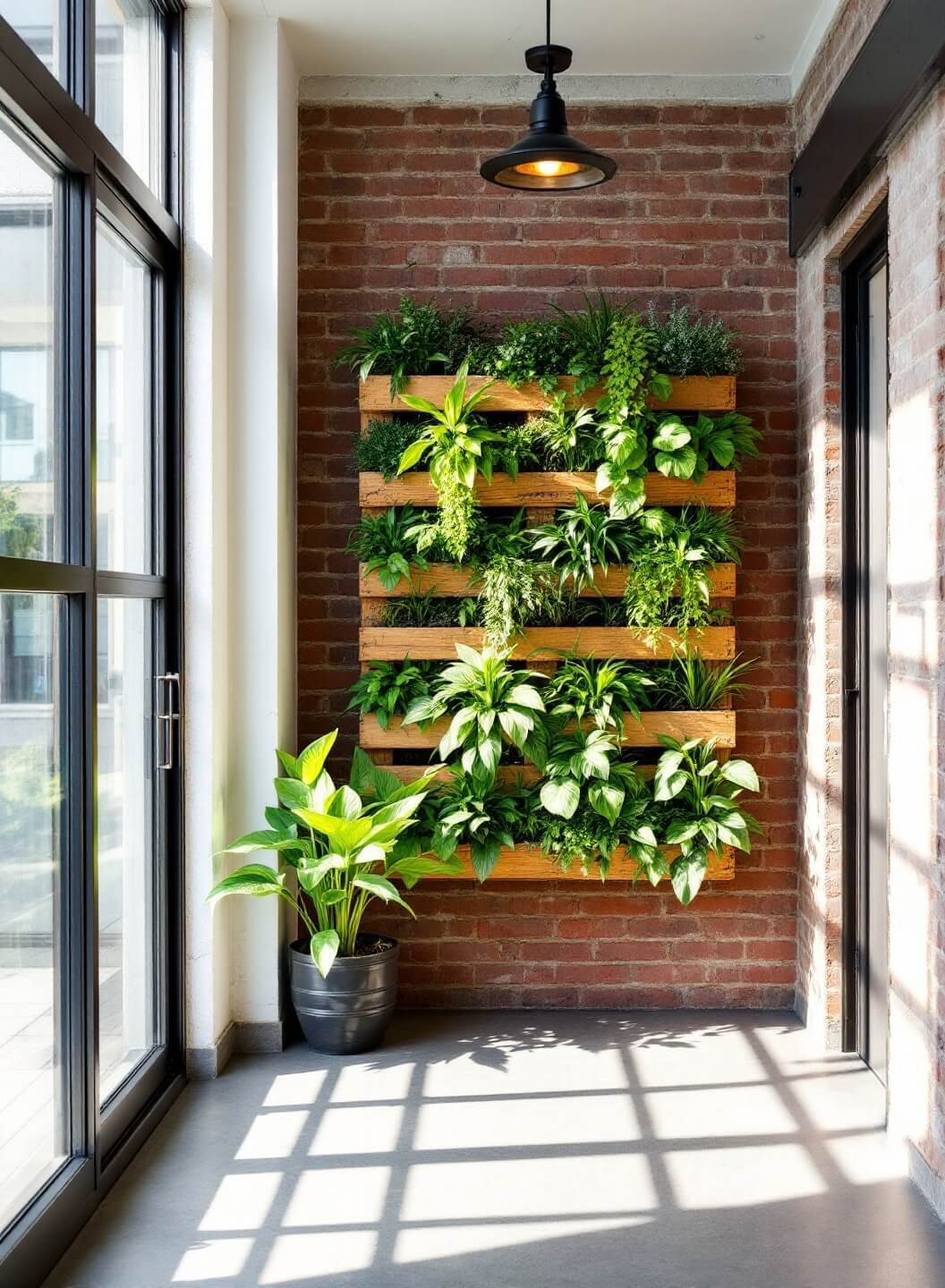Industrial-style entryway with a living wall made from recycled pallets and drought-tolerant plants against exposed brick, bathed in afternoon light from steel-framed windows, showcasing a DIY aesthetic.