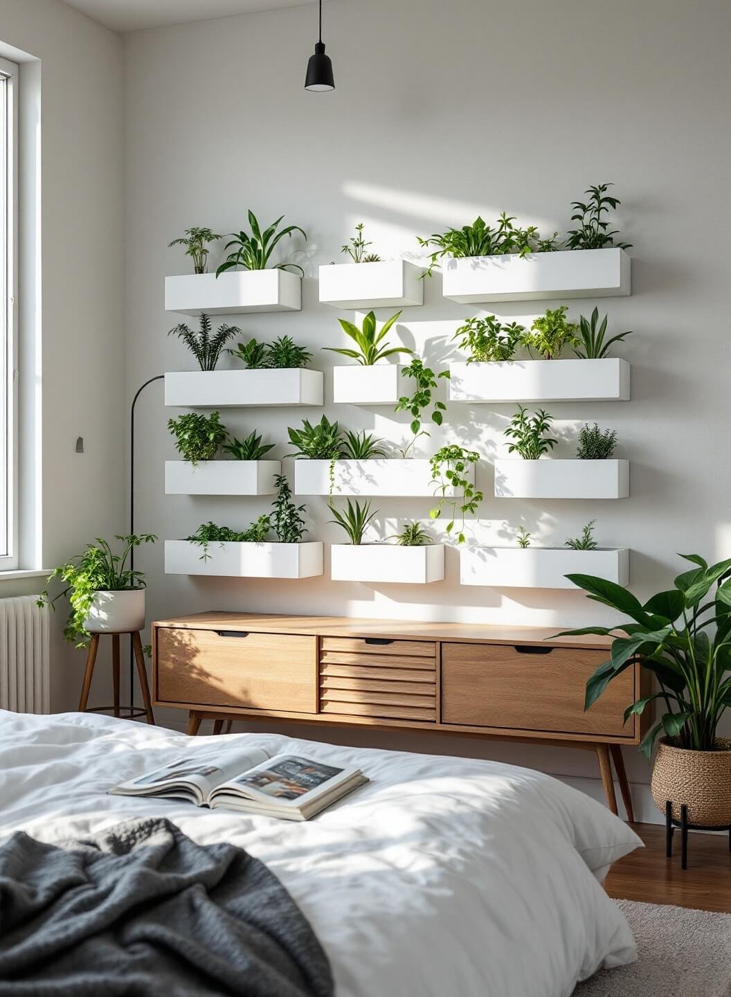 Scandinavian bedroom with a minimalist green plant wall in white containers, highlighted by morning light, viewed from bed-level perspective, emphasizing simplicity and textural contrast