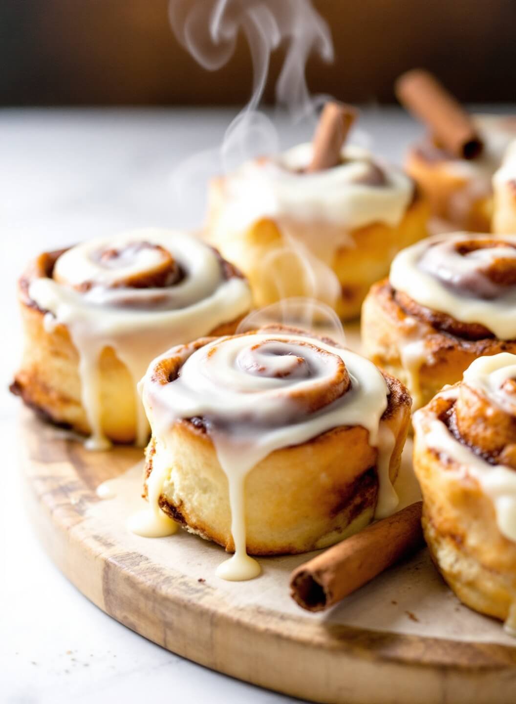 Steaming hot cinnamon rolls with melting cream cheese frosting, garnished with cinnamon stick on a distressed wooden board under warm bakery lighting