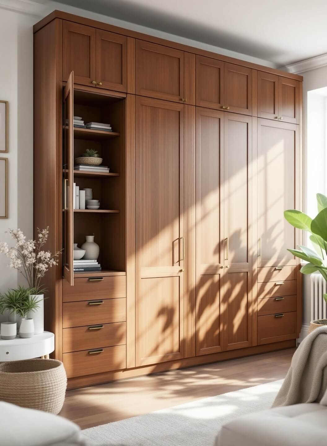 Bright 200 sq ft studio apartment showcasing a Murphy bed system with walnut cabinets, flanked by bookcases, brass hardware and storage drawers, lit by morning sunlight through floor-length windows, decorated in modern Scandinavian style with cream, walnut, and sage green tones.