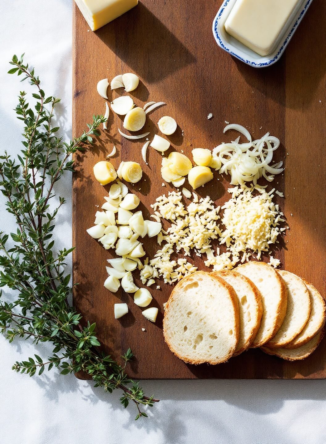 Rustic cutting board with sliced onions, minced garlic, grated Gruyere cheese, baguette slices, thyme sprigs, and vintage butter dish in natural window light