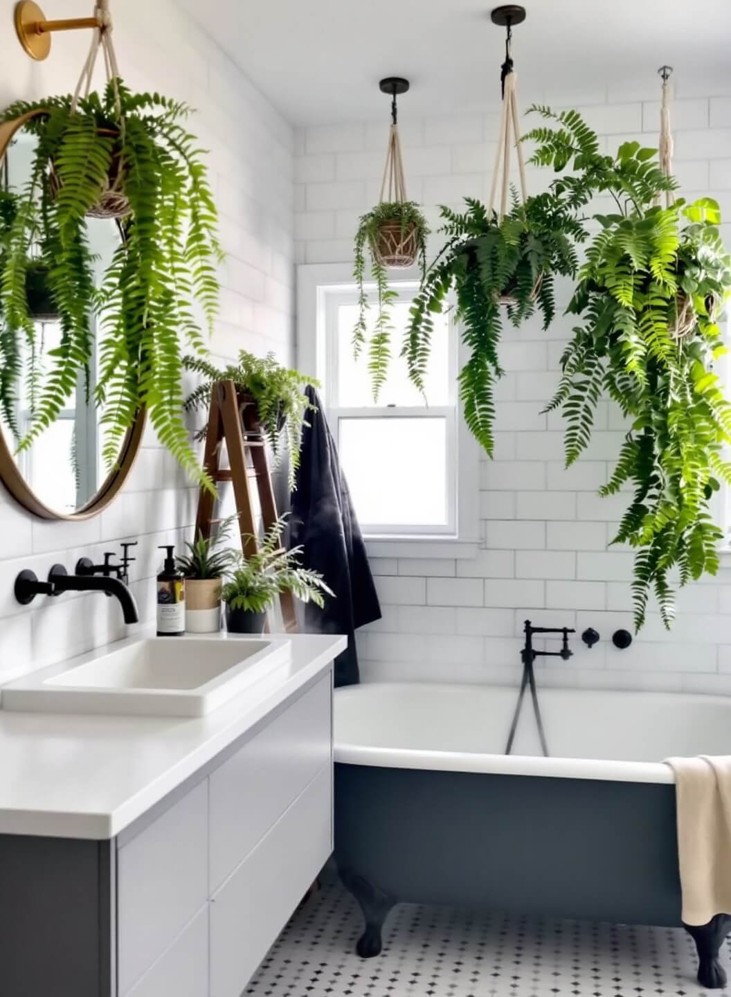 Morning sunlight gently illuminating a spa-like master bathroom with Boston Ferns hanging at various heights, clawfoot tub under a window, white subway tiles contrasted with matte black fixtures, all mirrored in a round brass mirror over a floating vanity.