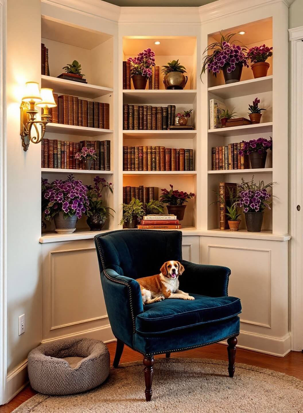Cozy reading nook with a vintage teal velvet armchair, African Violets displayed on white bookshelf, warm sconce lighting, and plush pet bed.