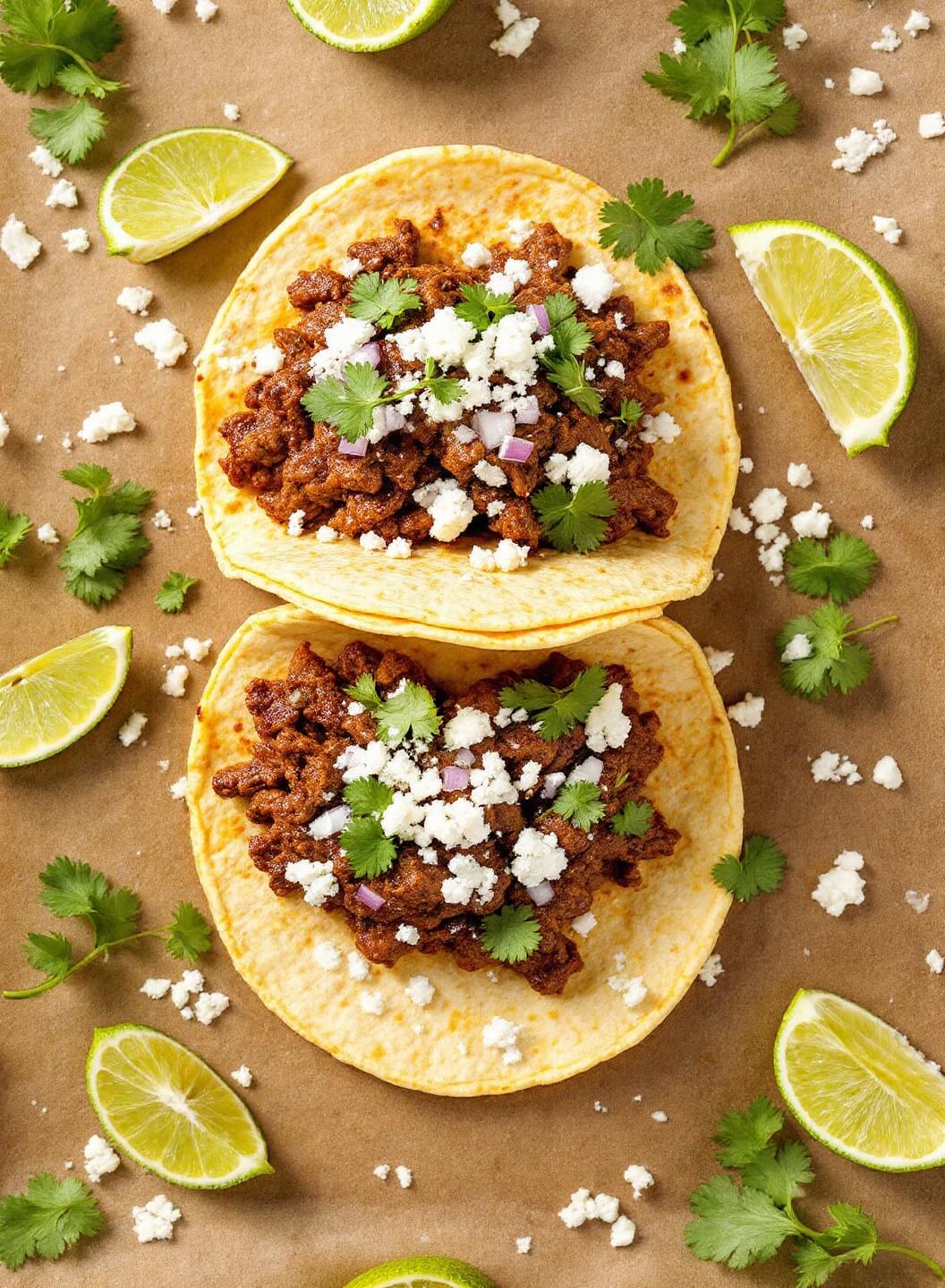 Delicious commercial-style taco spread with seasoned beef, fresh cilantro, diced onions, cotija cheese, and lime wedges in bright natural light