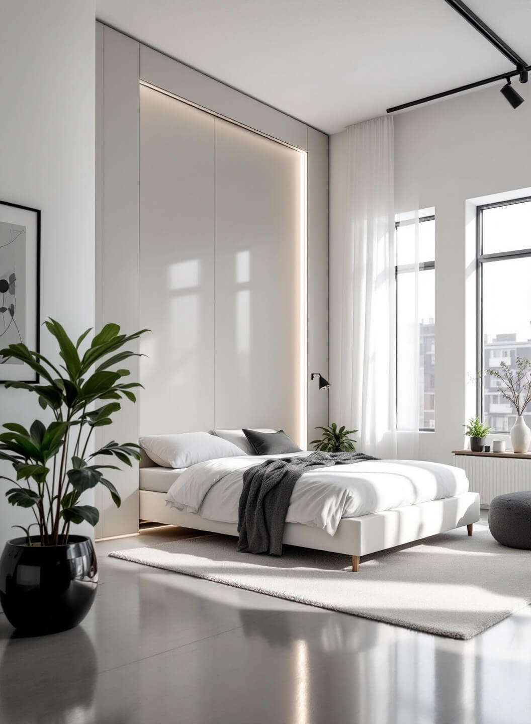 Minimalist studio interior with sleek white Murphy bed recessed into a light grey wall, illuminated by soft LED lighting, with monochromatic decor and polished concrete floors reflecting afternoon light from western exposure windows.