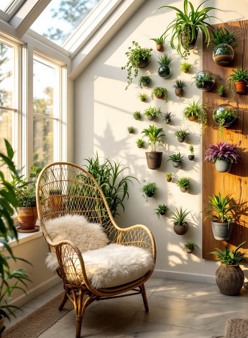Air plants collection displayed on a living wall in a bright solarium with floor-to-ceiling windows and floating glass terrariums, featuring a rattan peacock chair with sheepskin throw and a contemporary cat climbing wall.