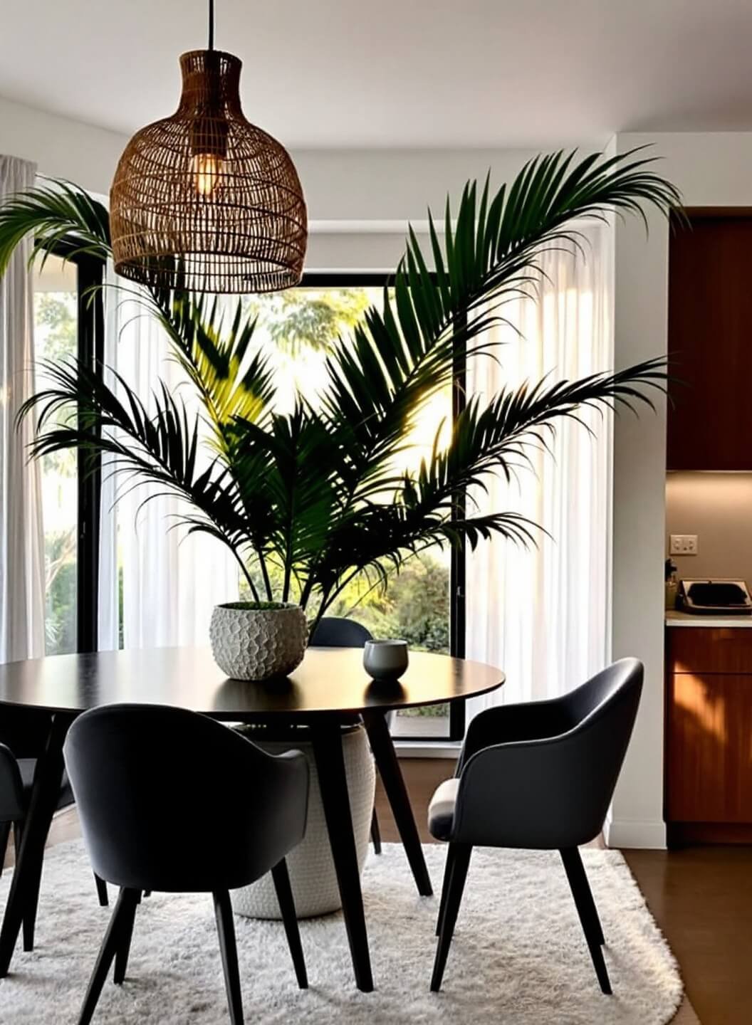 Contemporary dining room with matte black table, curved bouclé chairs, oversized Areca Palm in ceramic planter, and pendant light with woven shade, shot during golden hour with backlighting through palm fronds.