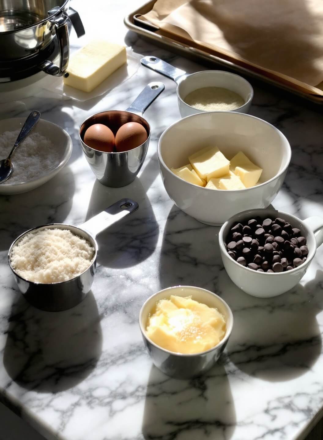 Sun-lit marble countertop with organized baking ingredients including softened butter, measuring cups of sugar, room temperature eggs, and a bowl of chocolate chips, along with chef's tools and parchment-lined baking sheets in the background